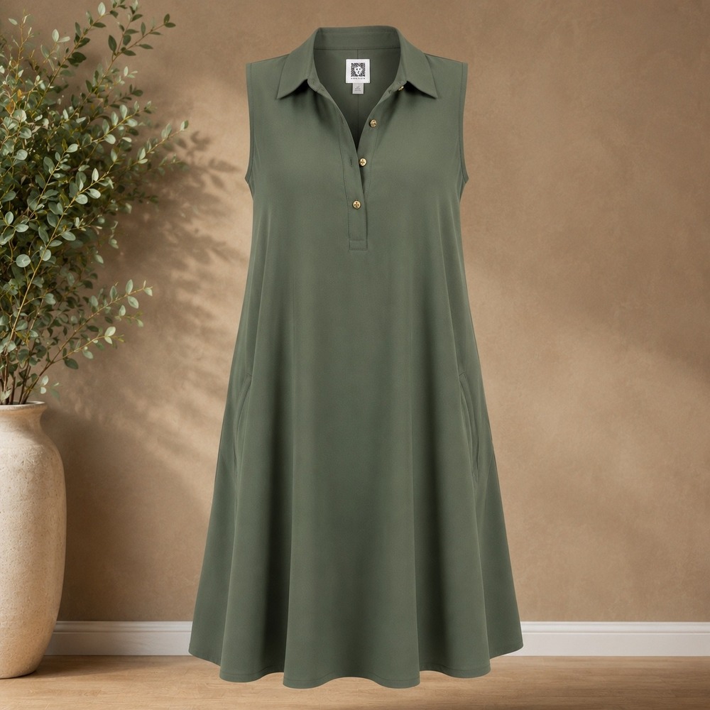 Anne Klein‎ A-Line Dress Womens 12 Olive Green Sleeveless Collared Midi Pockets